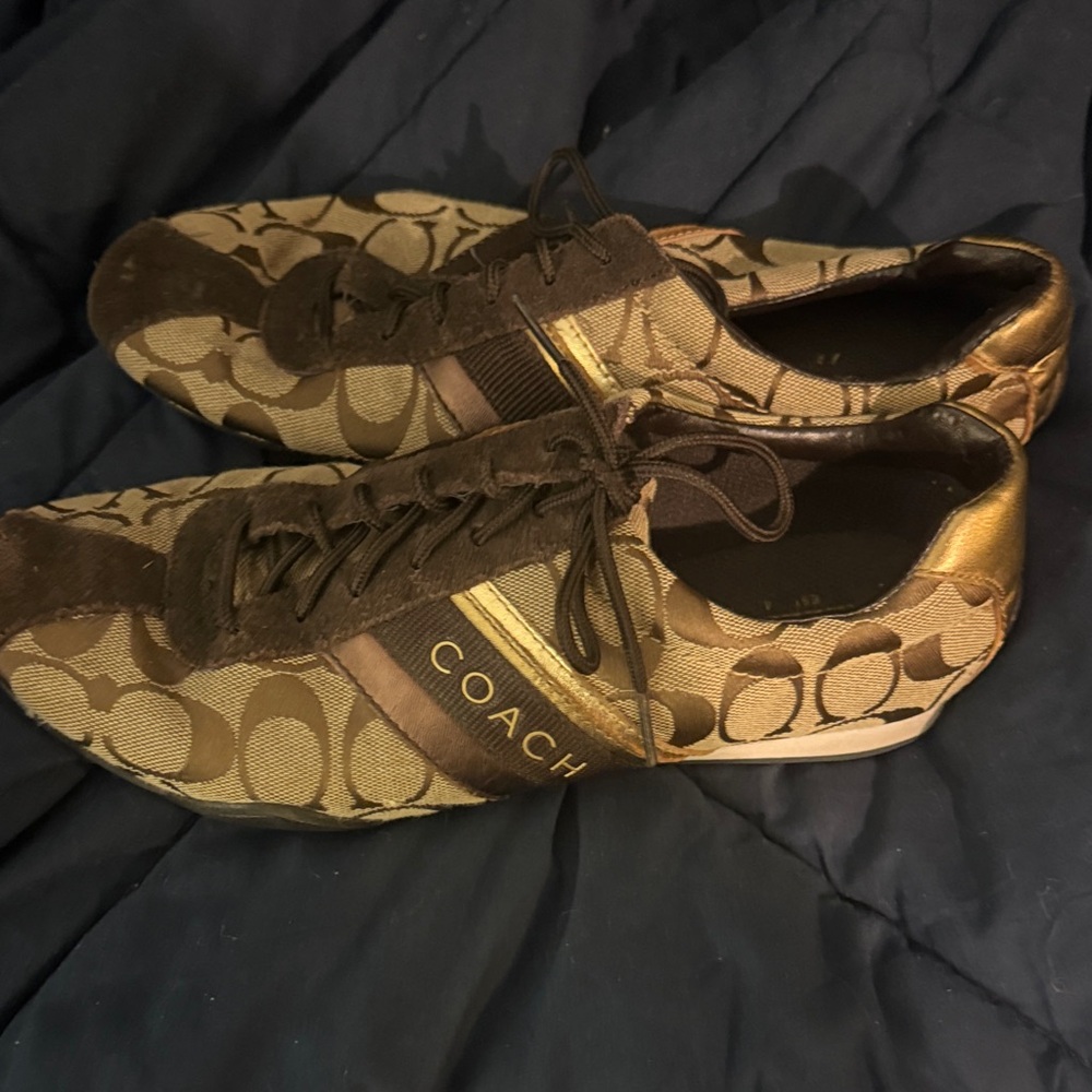 Coach Tan and Gold Patterned Sneakers - Picture 2 of 3
